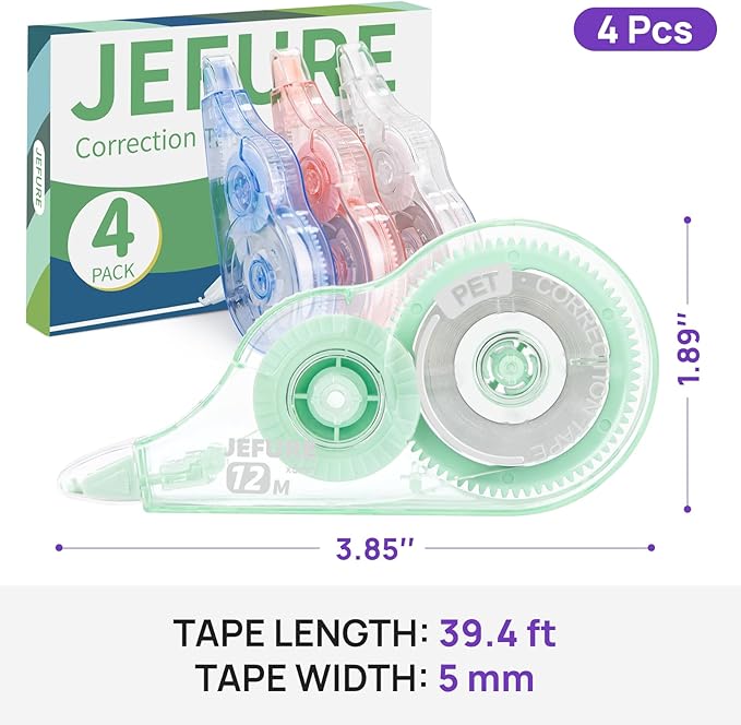 JEFURE 4 Pcs Colorful Core Correction Tape, 39.37 Ft White Wrong Out - Image 2