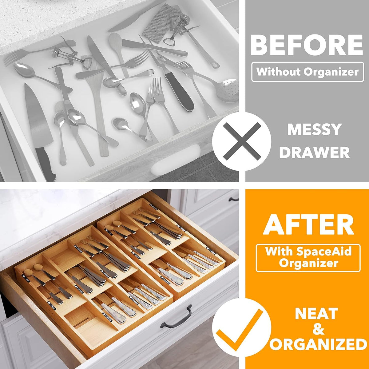 SpaceAid Bamboo Silverware Drawer Organizer with Labels (Natural, 6 Slots) Ba...