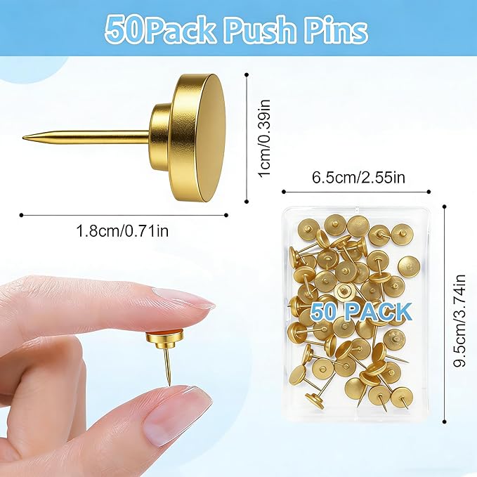 50Pcs Gold Metal Push Pins for Bulletin Board, Flat Thumb Tacks, Heavy Duty - Image 2