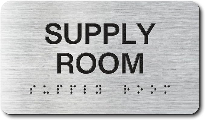 SUPPLY ROOM Signs with Raised Text & Grade 2 Braille, Brushed Aluminum/Silver by EliteSign
