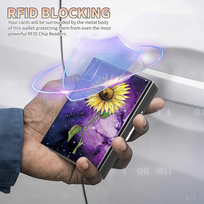 BWEGRHE Slim Credit Card Holder, Sunflower Yellow Purple Galaxy RFID Blocking - Image 3
