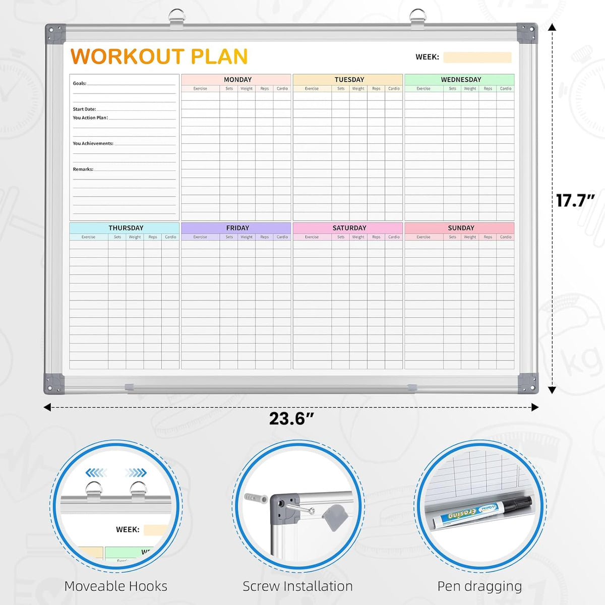 Fitness Tracker Magnetic Whiteboard Workout Plan Dry Erase Board for Wall 24&...