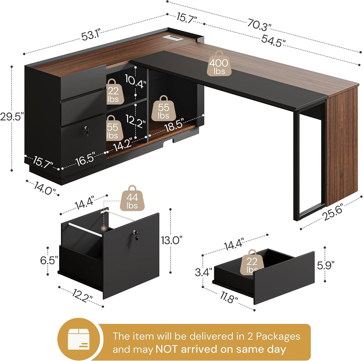70" Executive Desk with Cabinet Storage, L-Shaped Office Desk with 3 Dra...