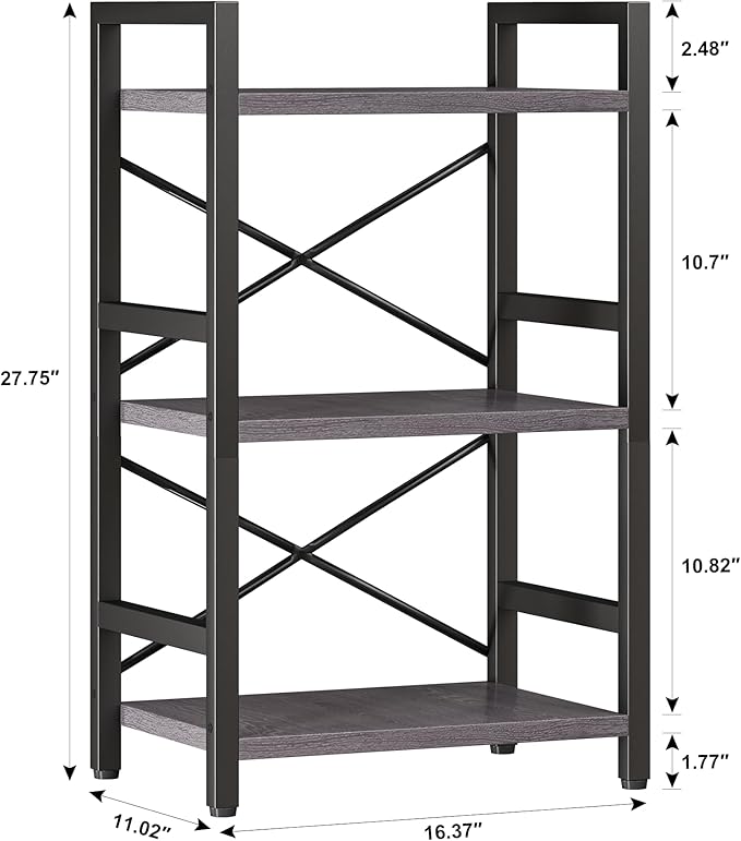 Homeiju Bookshelf, 3 Tier Industrial Bookcase, Metal Small Bookcase, Rustic - Image 3