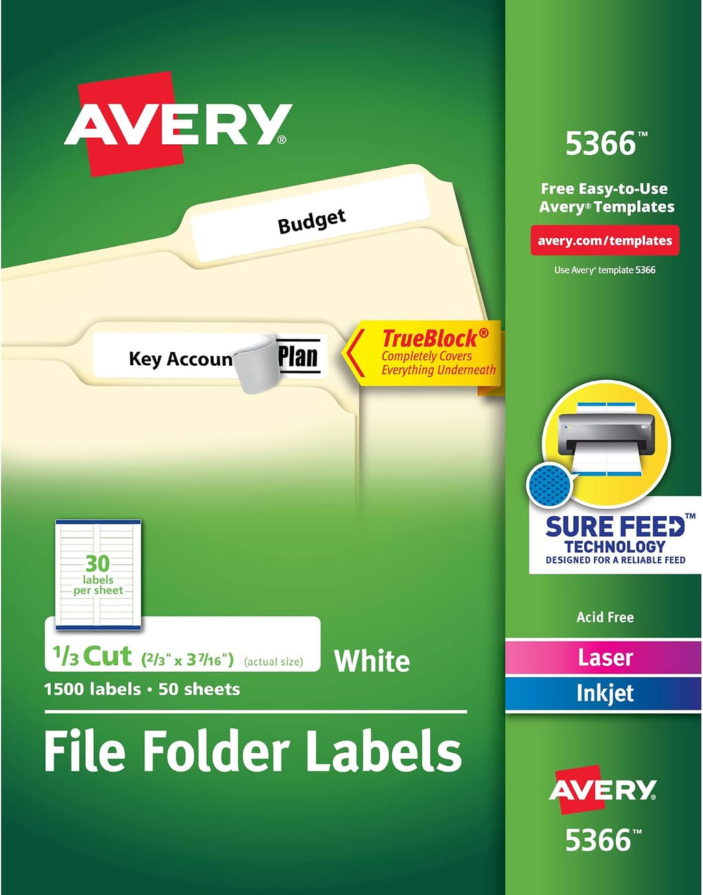 Avery TrueBlock File Folder Labels, 2/3" x 3-7/16", 1,500 Printable Labels, White, Permanent (5366)