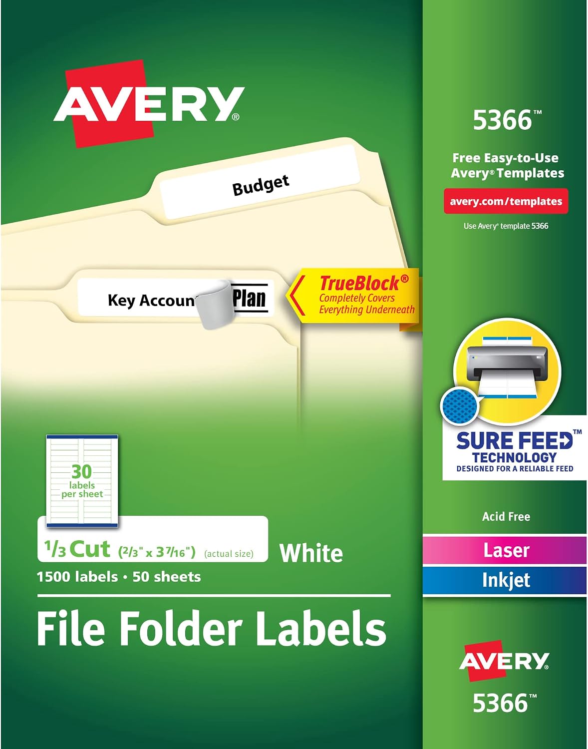 Avery TrueBlock File Folder Labels, 2/3" x 3-7/16", 1,500 Printable Labels, White, Permanent (5366)