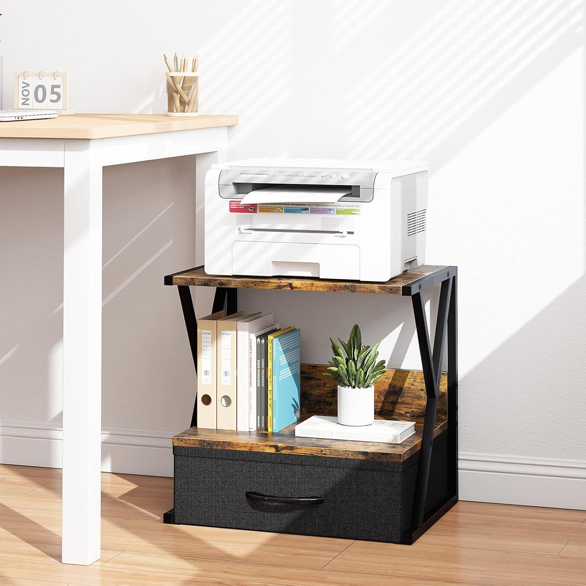 aboxoo Printer Stand for Desk with Storage Drawer, 2 Tier Desktop Or UnderDes...