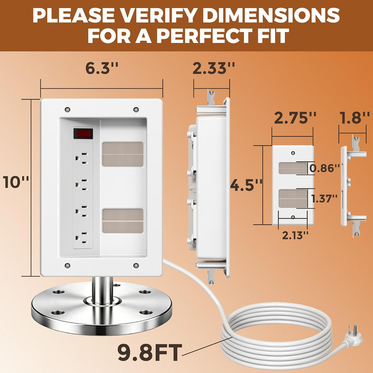 In Wall Cable Management Kit with Recessed Outlet Box, 4 Outlets, 9.8FT Cord,...