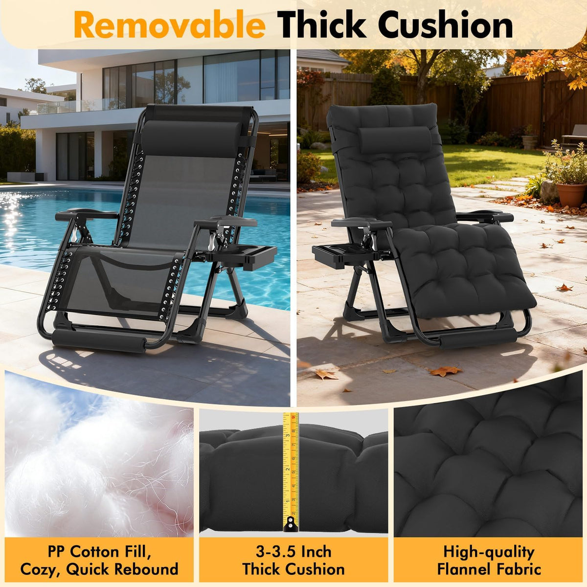 Slendor Oversized Zero Gravity Chairs XL, 29in Padded Recliner Chair, Black