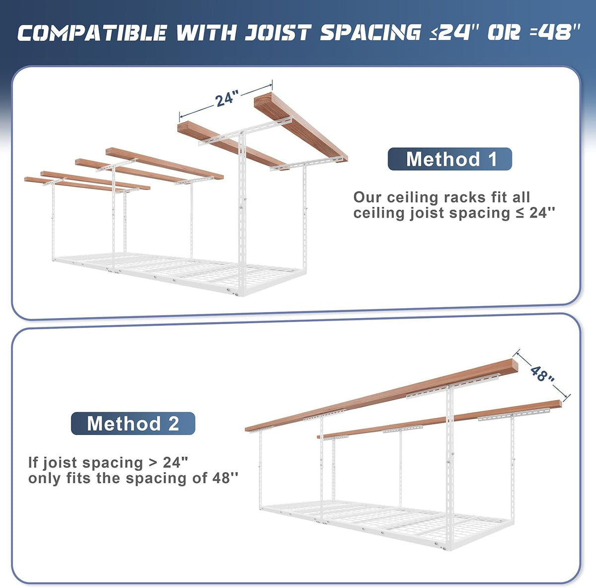 jusgym 3x8ft overhead garage storage rack, 26"-40" height showing dimensions
