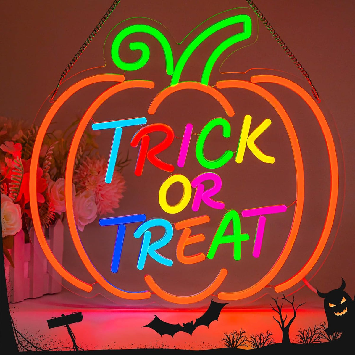 Halloween Neon Sign, Halloween Wall Decor Pumpkin Trick or Treat Neon Signs f...