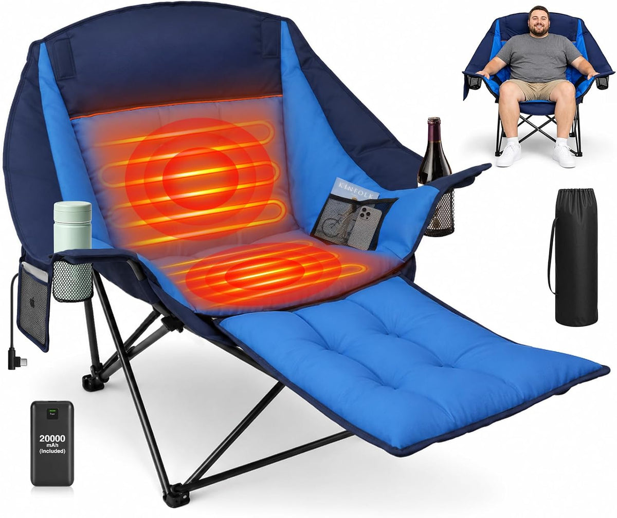 ZENPETIO Oversized Heated Camping Chair with 20000mAh Battery & Footrest
