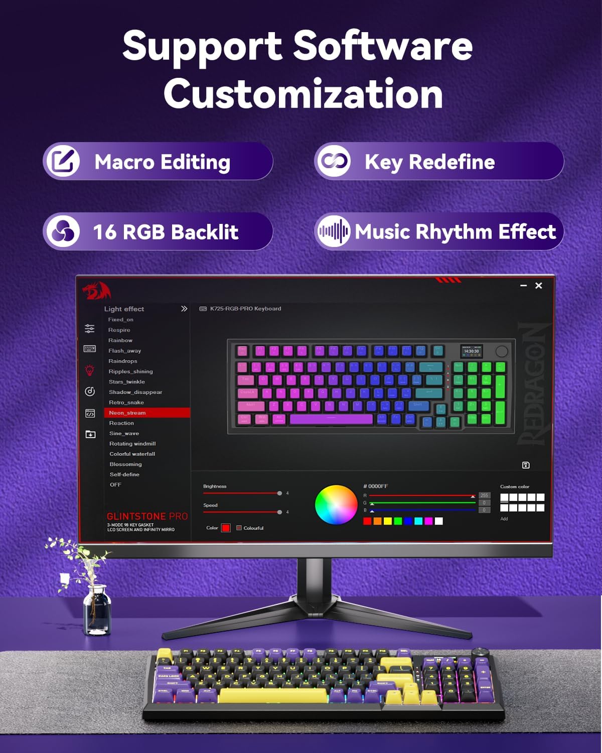 Redragon K725L Wireless Mechanical Keyboard with Screen and Knob, Purple