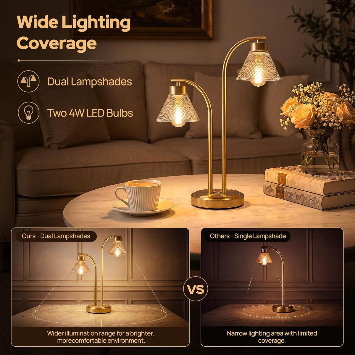 Mid Century Modern Gold Lamp for Bedroom, Amber