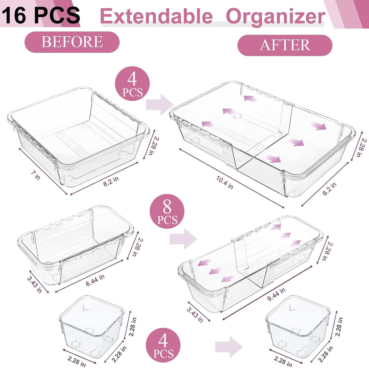 16 Pcs Upgraded Extendable Clear Drawer Organizer, Adjustable Vanity Storage ...
