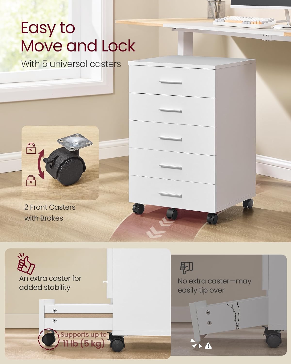 VASAGLE File Cabinet, Mobile Pedestal Filing Cabinet with Wheels