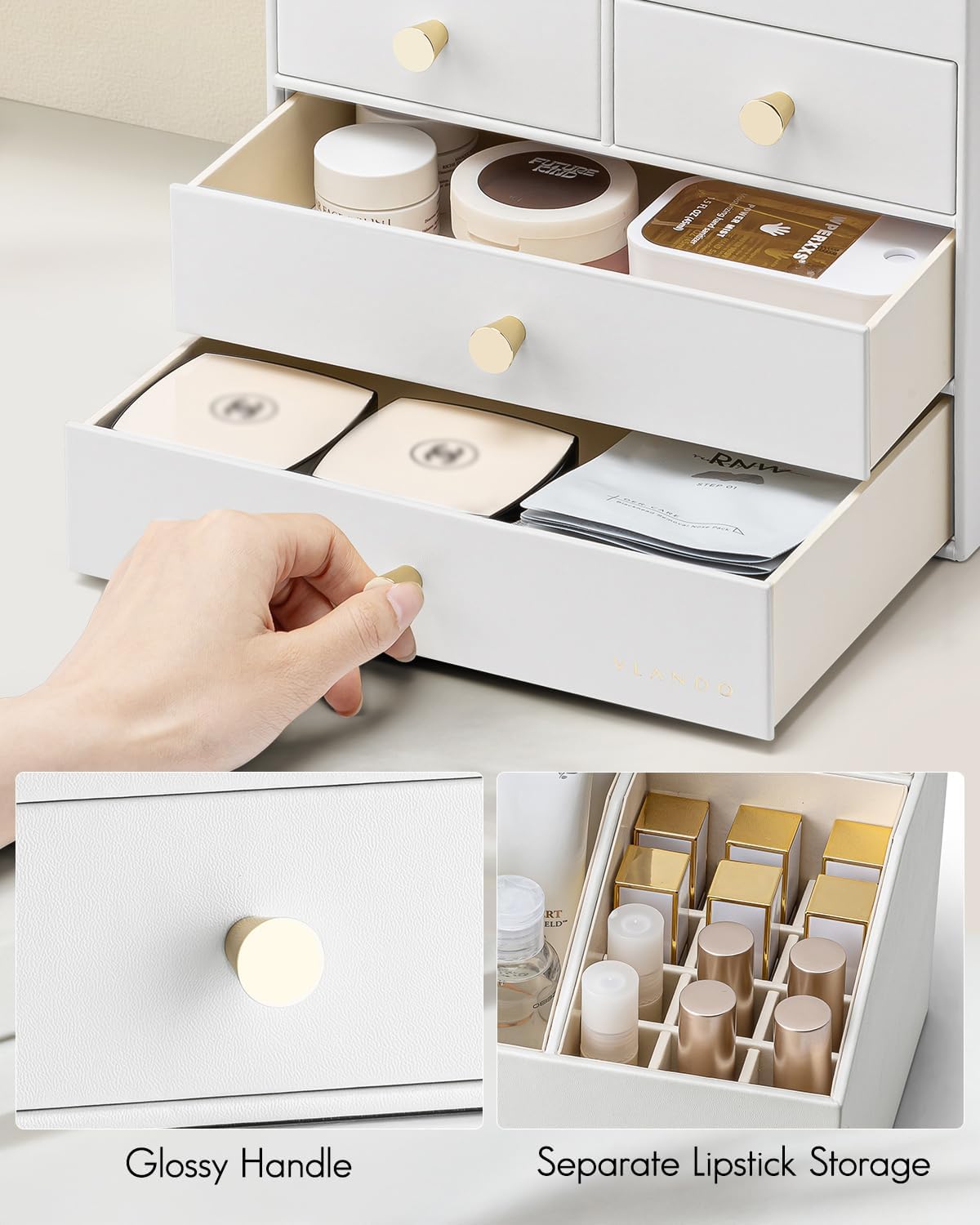 VLANDO Makeup Organizer Countertop with 4 Drawers,White