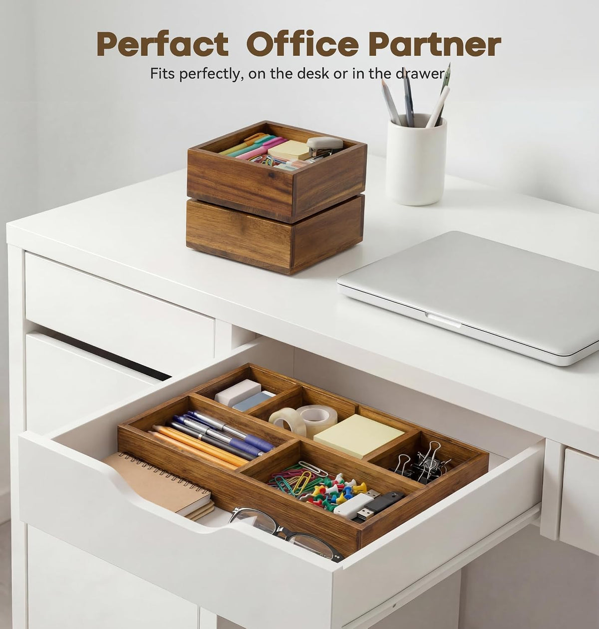 KOCWELL Bamboo Desk Drawer Organizer with Removable Dividers,Multi-Use Office...