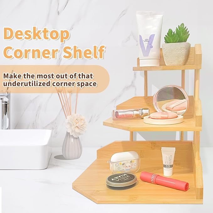 HYNAWIN Bamboo Corner Desk Organizer Shelf, 3-Tier Triangle Storage Rack - Image 6