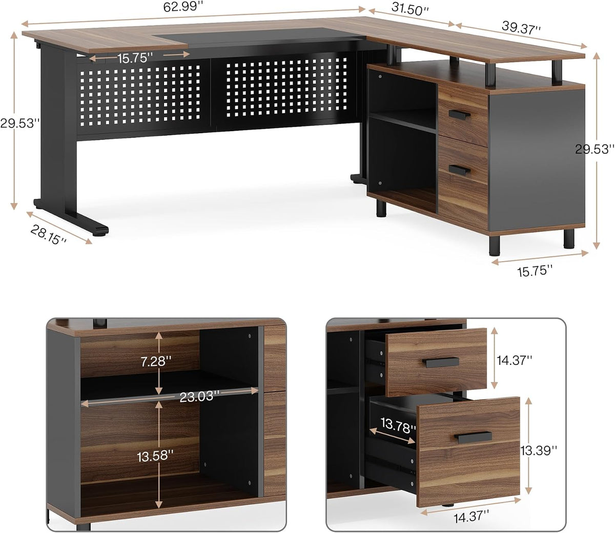 Tribesigns 63 Inch Executive Desk with File Cabinet, L Shaped Office Desk