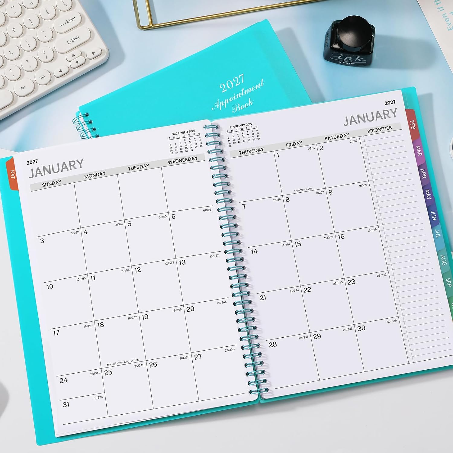 2027 Weekly Appointment Book & Planner - Daily Hourly Planner 2027, 9" x 11", January 2027 - December 2027, 30-Minute Interval, Lay - Flat, Spiral Binding, Thick Paper - Teal Green