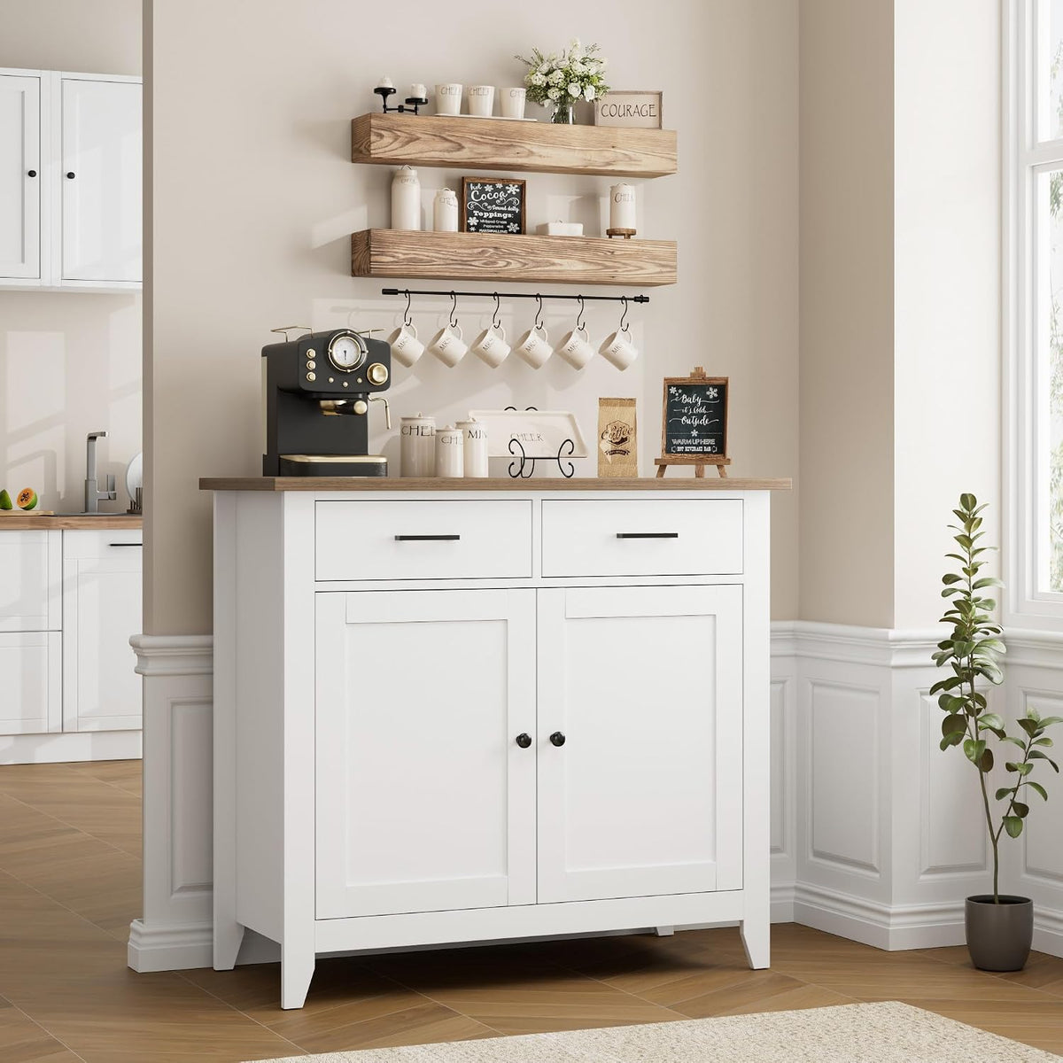 HORSTORS Farmhouse Kitchen Storage Cabinet, Small Buffet, Coffee Bar, White