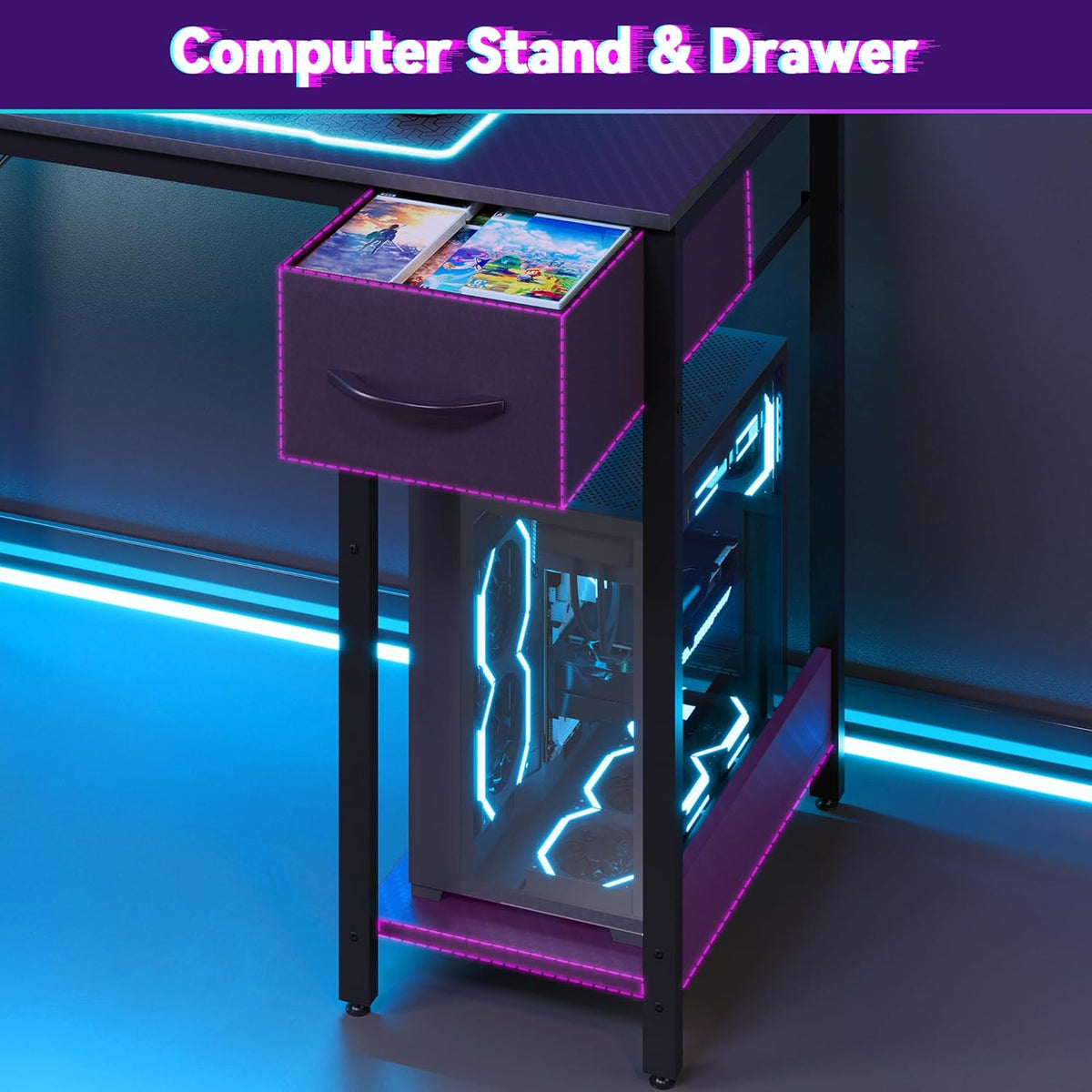 Apicizon L Shaped Gaming Desk 53" with Hutch, LED Light and Drawer