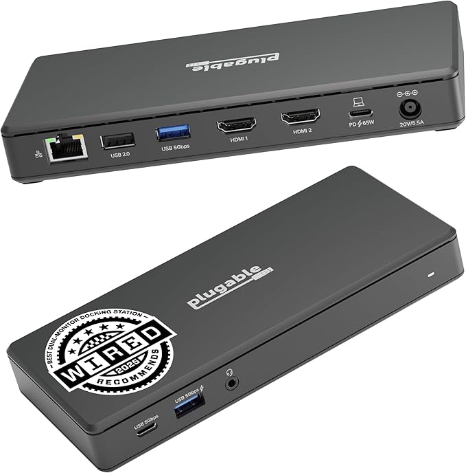 Plugable USB-C Docking Station Dual 4K 60Hz HDMI, 65W Charging, Gigabit Ethernet by Plugable