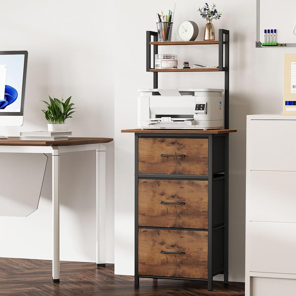 Snughome 3 Drawer Tall File Cabinet with 19.7'' Extended Desktop, 3-Tier Filing Cabinet for Home Office 51.6''H Vertical File Cabinet Printer Stand with Drawers, Fits A4/Letter/Legal,Rustic Brown