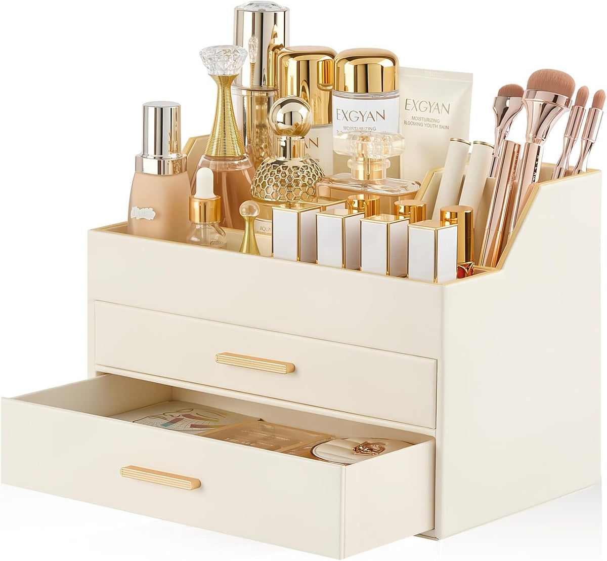 Lolalet Makeup Organizer for Vanity Desk, 3-Layer PU Leather Luxury Make Up S...