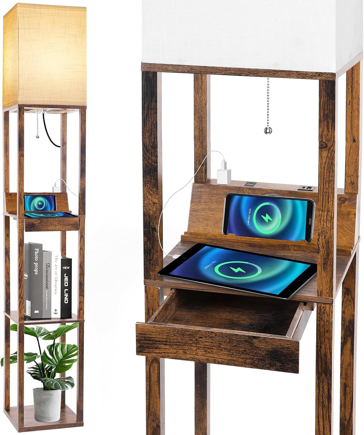 RUNTOP Floor Lamp with Shelves, Shelf Floor Lamp with Wireless Charger & 2