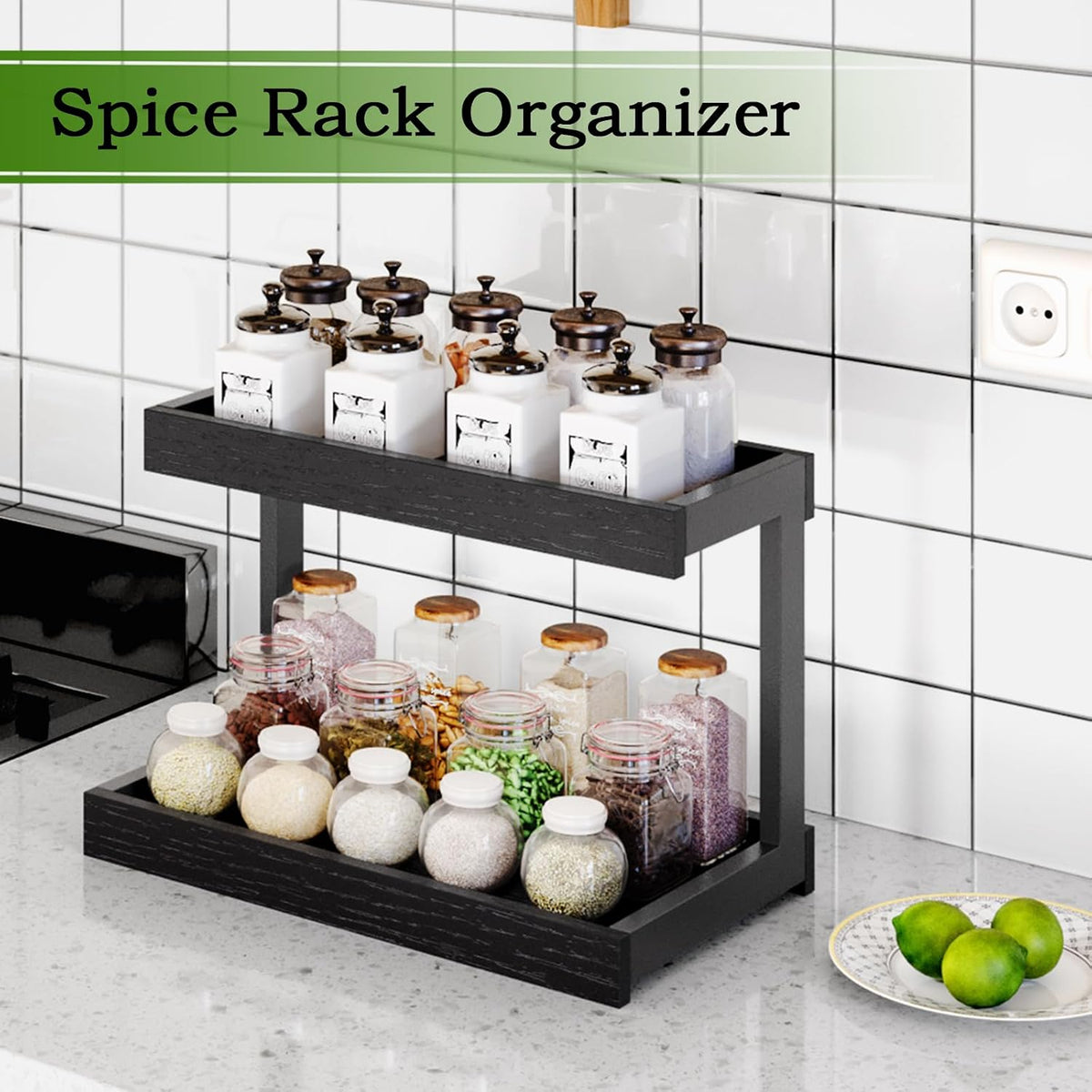 MARTY Counter Shelf Organizer, 2 Tier Spice Rack for Countertop, Black