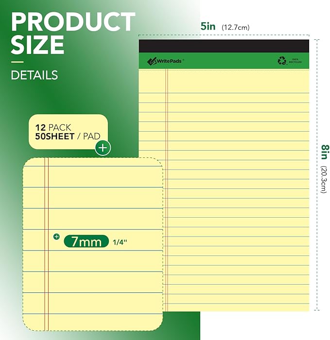 KAISA Yellow Legal Pads 12Pads Writing Pads Recycled Paper 5"x8" Norrow Ruled - Image 2