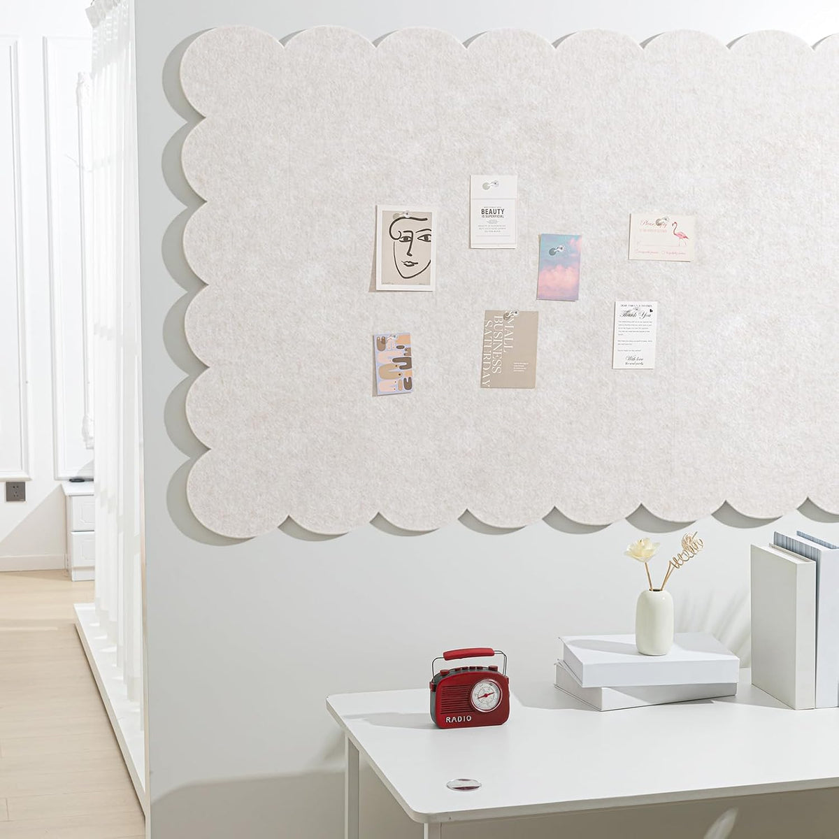 Mooliwe Scalloped Felt Bulletin Cork Board Foldable Beige 72 x 48 Inch