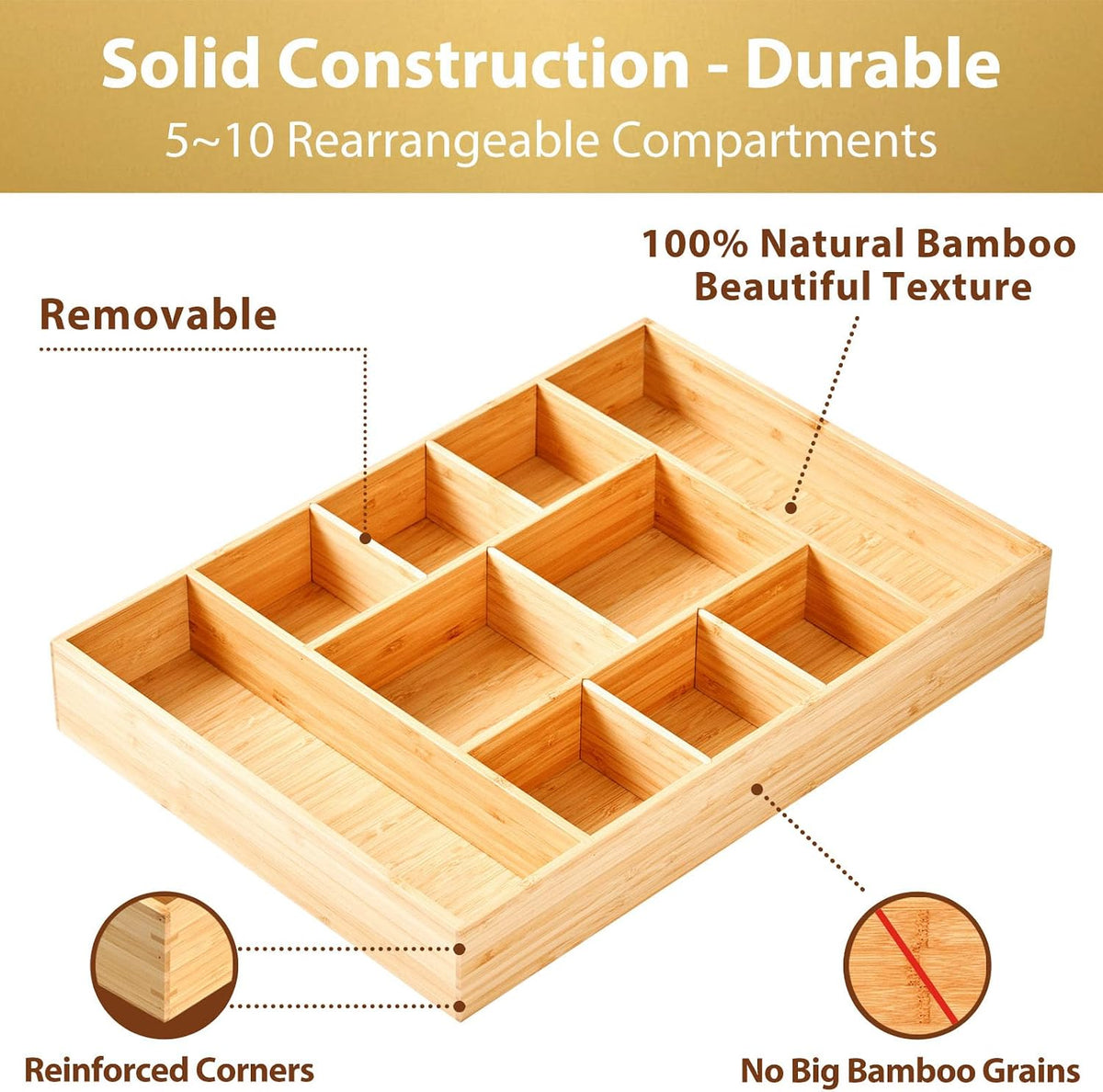 Umilife Extra Large Bamboo Desk Drawer Organizer, Wood Junk Organizer Tray wi...