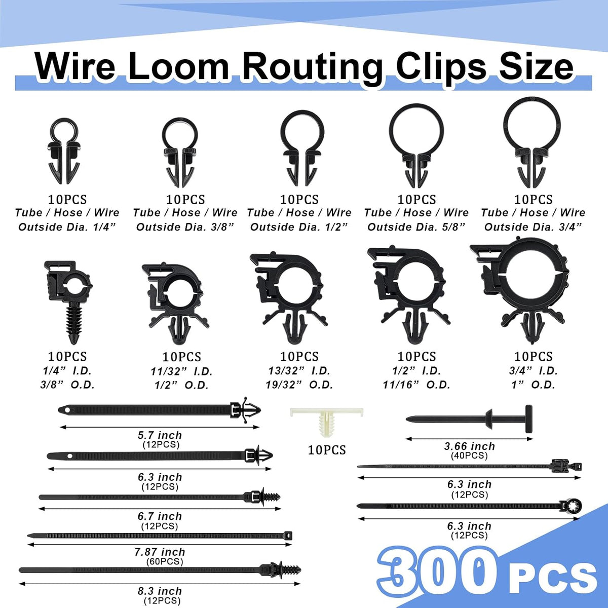 Funnymoom 300 Pcs Wire Loom Routing Clips, 15 Sizes Push Mount for Car