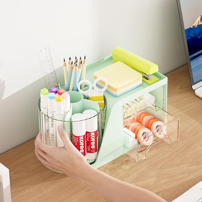 Marbrasse Desk Organizer with 2 Drawer, 360°Rotating Pen Holder, Desk - Image 6