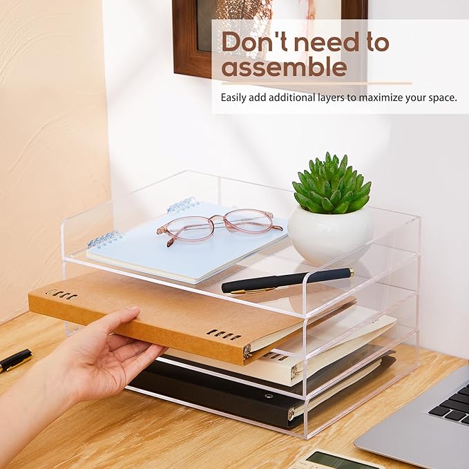 Harloon 4 Tier Acrylic Paper Tray 12.4 x 8.9 x 1.7 Inches Stackable Letter - Image 3