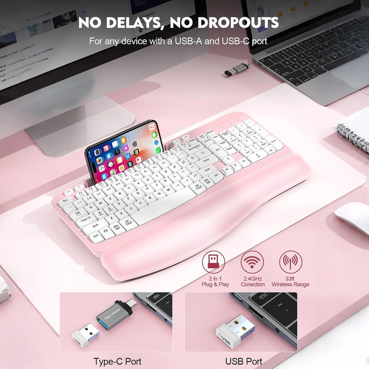 EAYBLLY 2.4G Wireless Ergonomic Keyboard, Full Size Wave Keys with Memory Foa...