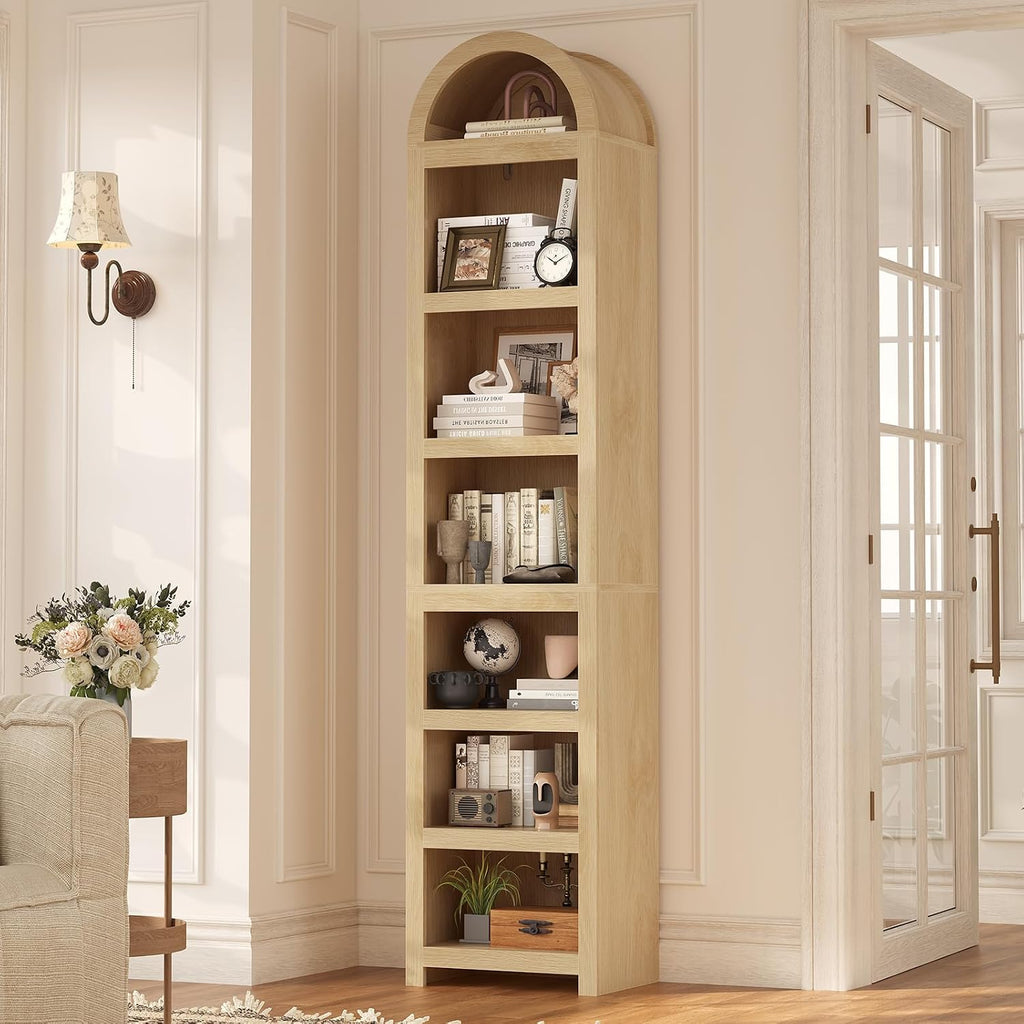 UPOSOJA 76" Tall Narrow Arched Bookcase, 7-Teir Mid-Century Modern Bookshelf