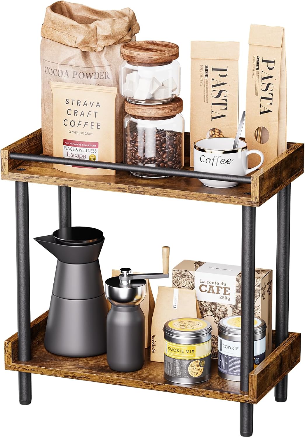 Coffee Bar Organizer and Kitchen Countertop Shelf - 2 Tier Spice Rack, Mug Ho...
