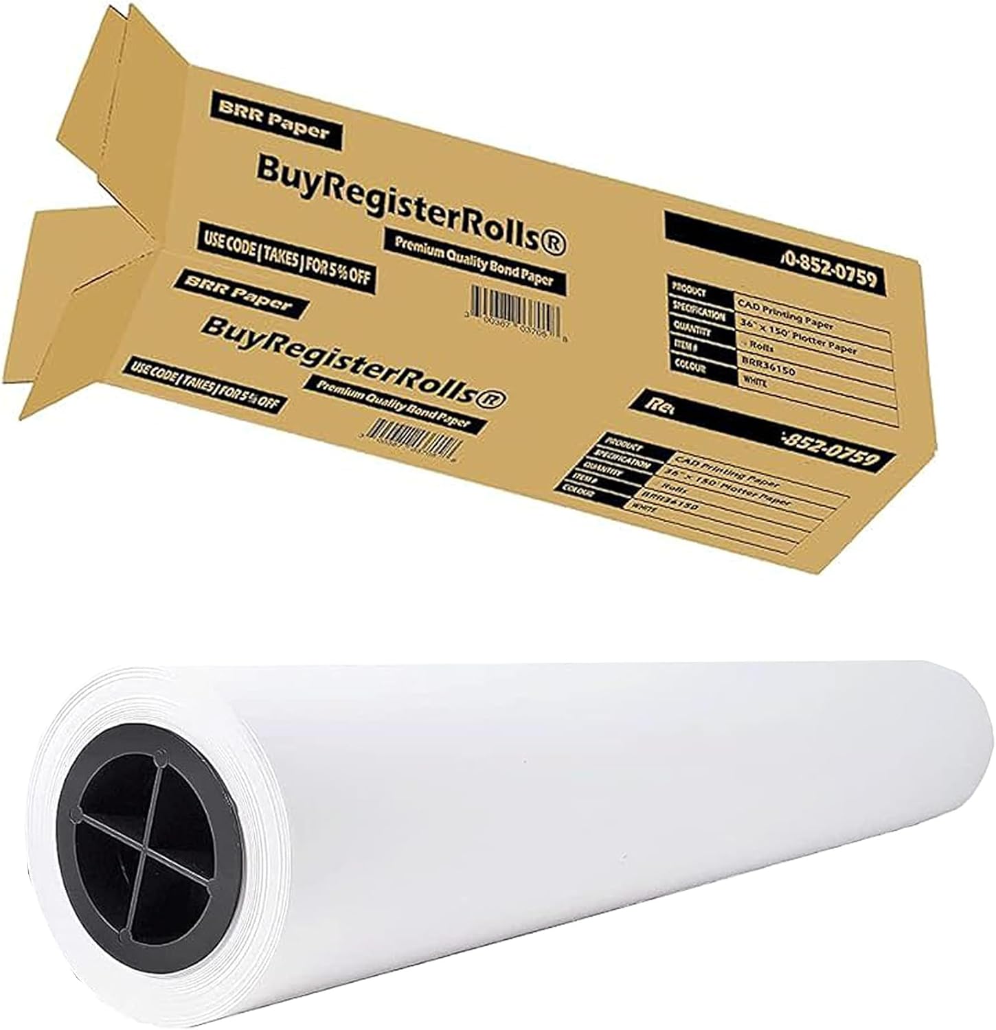 36’’ x 150’ Plotter Paper (New & Premium 1 Roll) 20 lb Uncoated 96 Bright White (75 GSM with 2’’ Core) CAD Paper Rolls For Engineers, Architects, Copy Service Shops w/Inkjet Printers