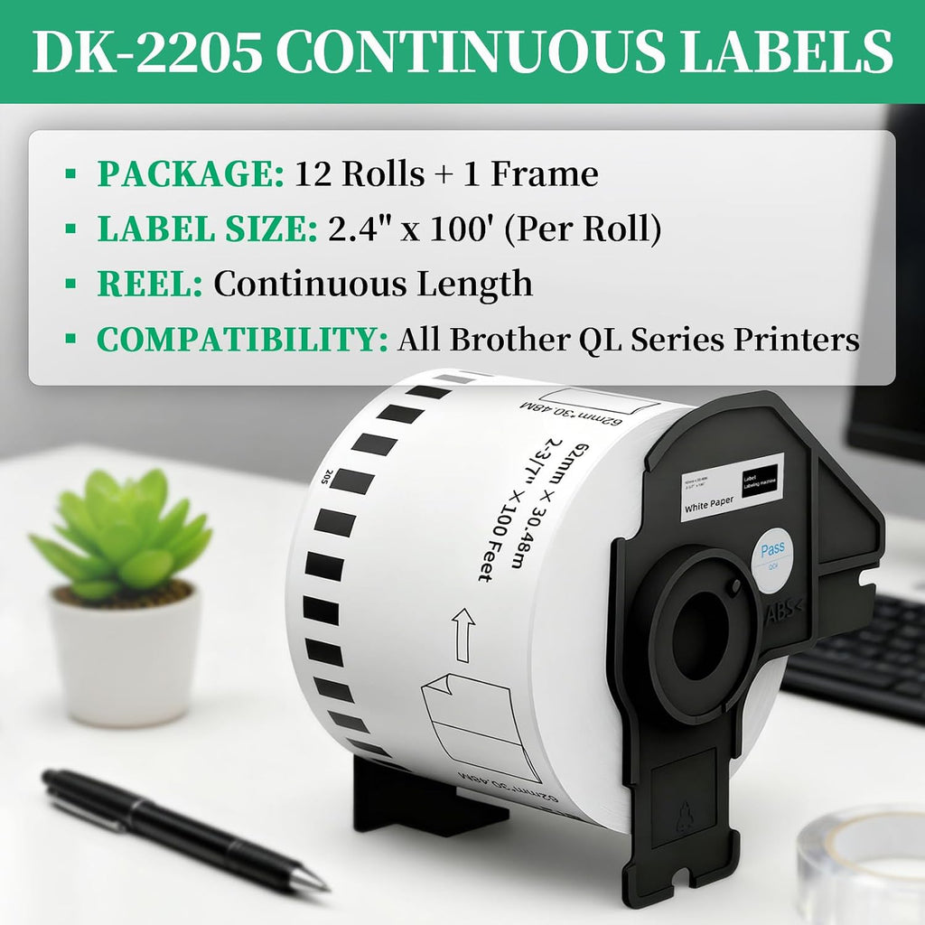 2.4 Inch x 100 Feet Continuous Thermal Labels, 12 Rolls | Replacement for Brother Dk-2205, Compatible with QL-Series Printers Listed Below, Includes One Reusable Frame