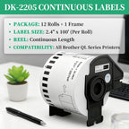 2.4 Inch x 100 Feet Continuous Thermal Labels, 12 Rolls | Replacement for Brother Dk-2205, Compatible with QL-Series Printers Listed Below, Includes One Reusable Frame