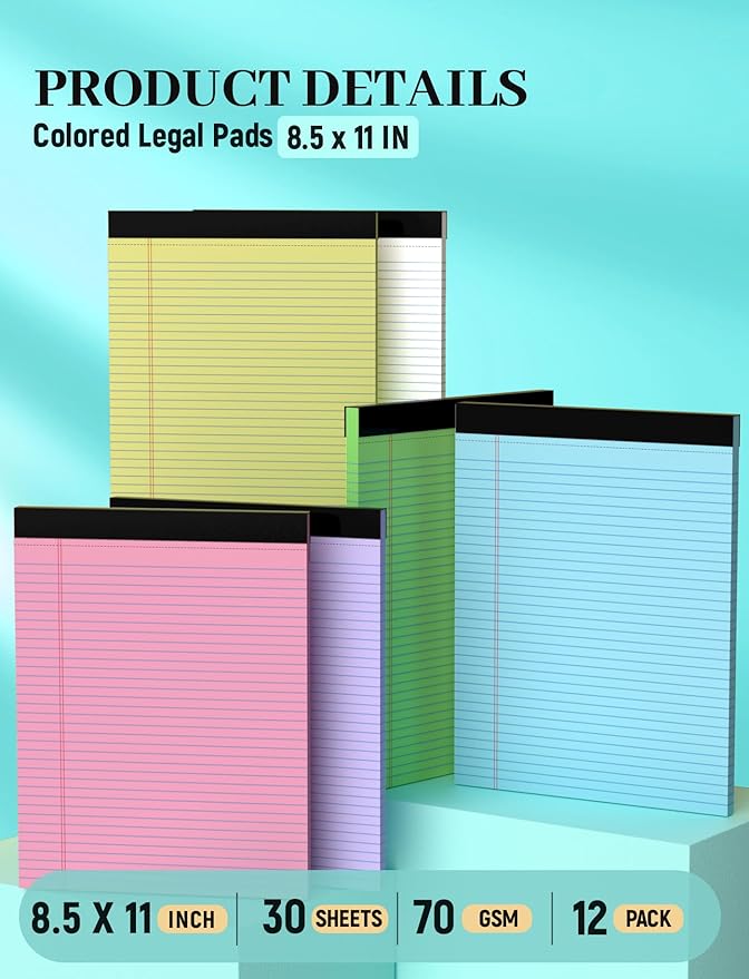 12 Pack Legal Pads 8.5 x 11, College Ruled, 30 Sheets Per Colored Legal Pads - Image 2
