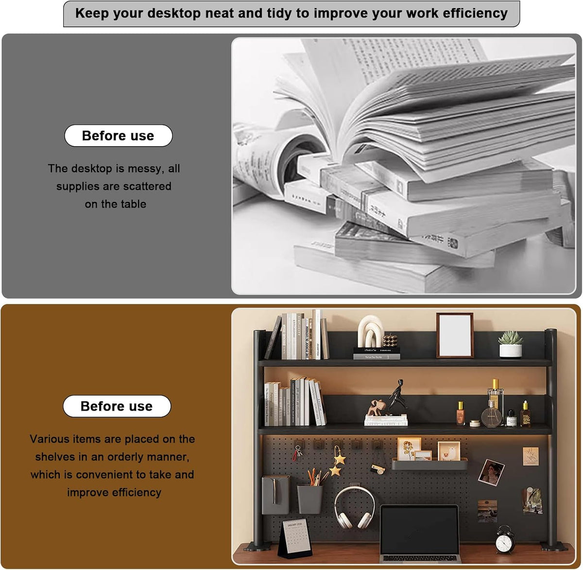 23.6in Clamp on Desk Shelf with Pegboard, Black Desktop Bookshelf Organizer