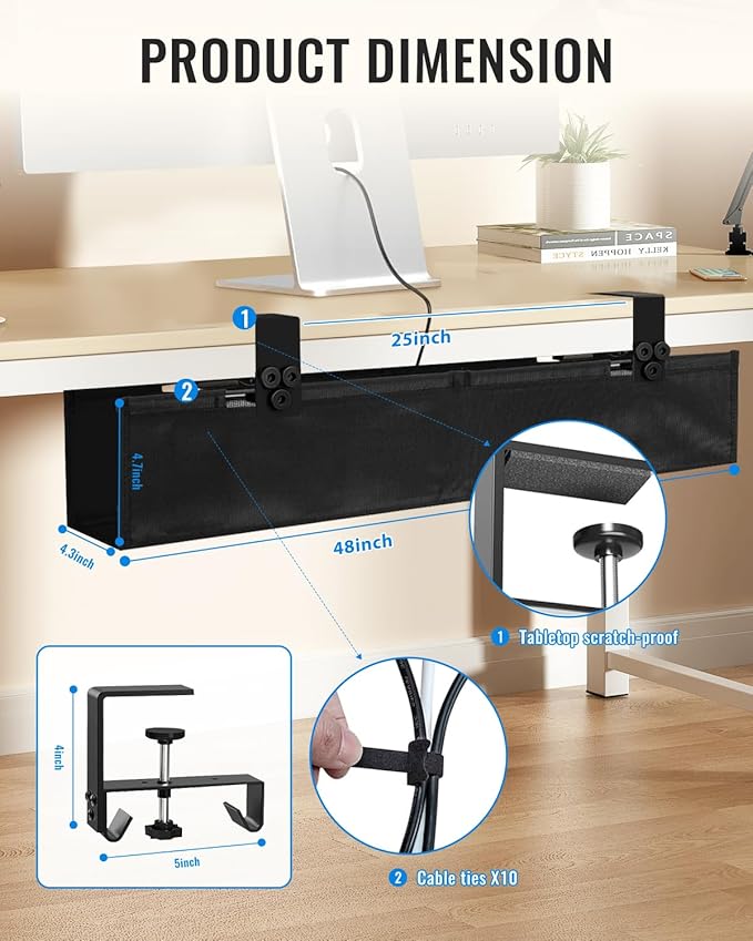 No Drill Cable Management Under Desk, Clamp/Screw Mount Cable Tray, Premium - Image 6