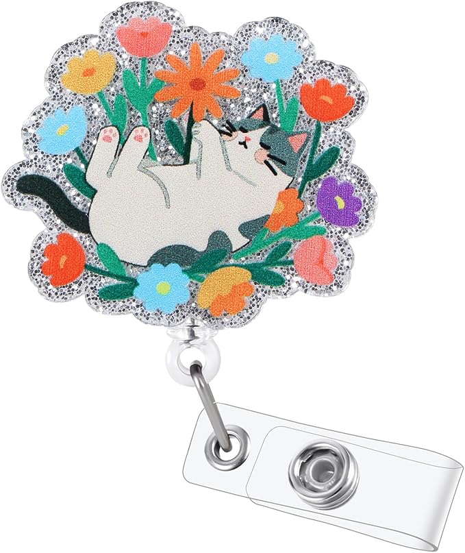 Cute Cat Floral Nurse Badge Reel, Retractable ID Card Cat Lover Badge Holders by BVIIE