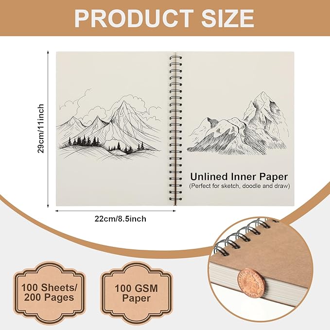 PerKoop 2 Pcs 8.5"x11" Spiral Sketch Pad A4 Large 100 Sheet Blank Notebook - Image 2