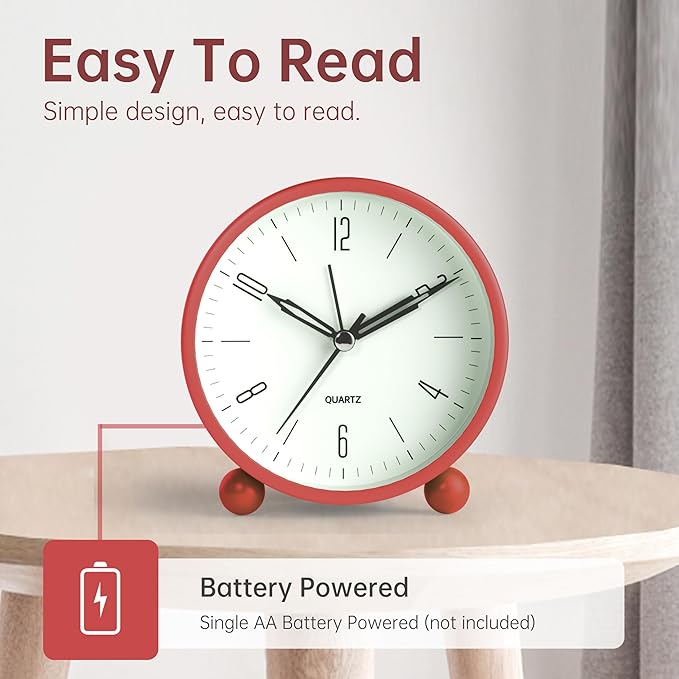 Analog Alarm Clock, 4 inch Super Silent Non Ticking Small Clock - Image 3
